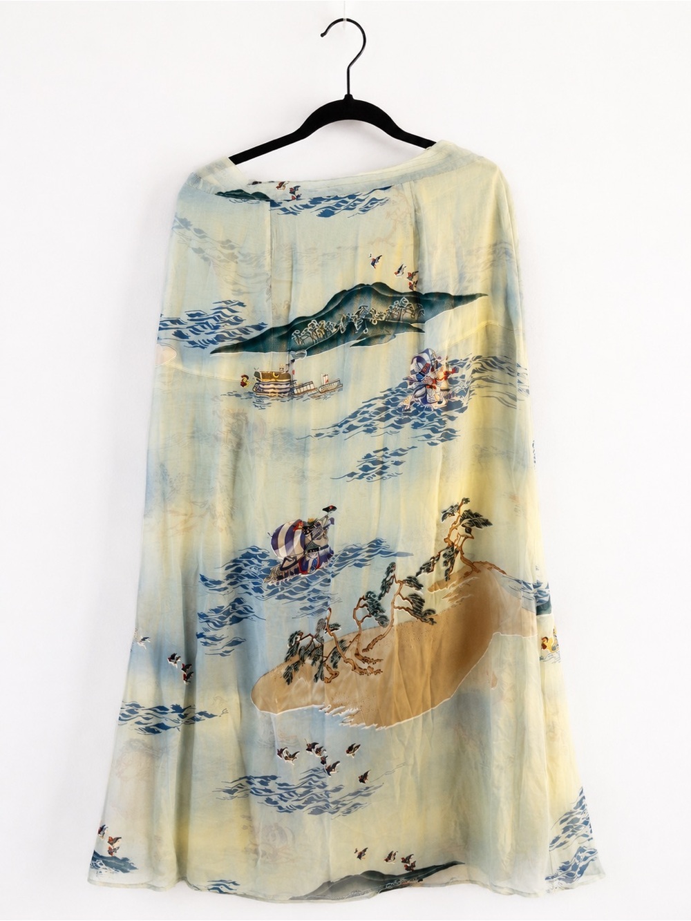 Vintage Citron Santa Monica Silk Japanese Landscape Wave Print Maxi Skirt Sz Med - Picture 2 of 5